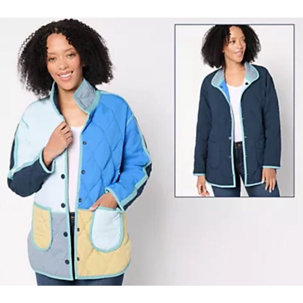 Nic + Zoe Womens Size Large Snap Front Mixed Up Reversible Coat Blue NWOT